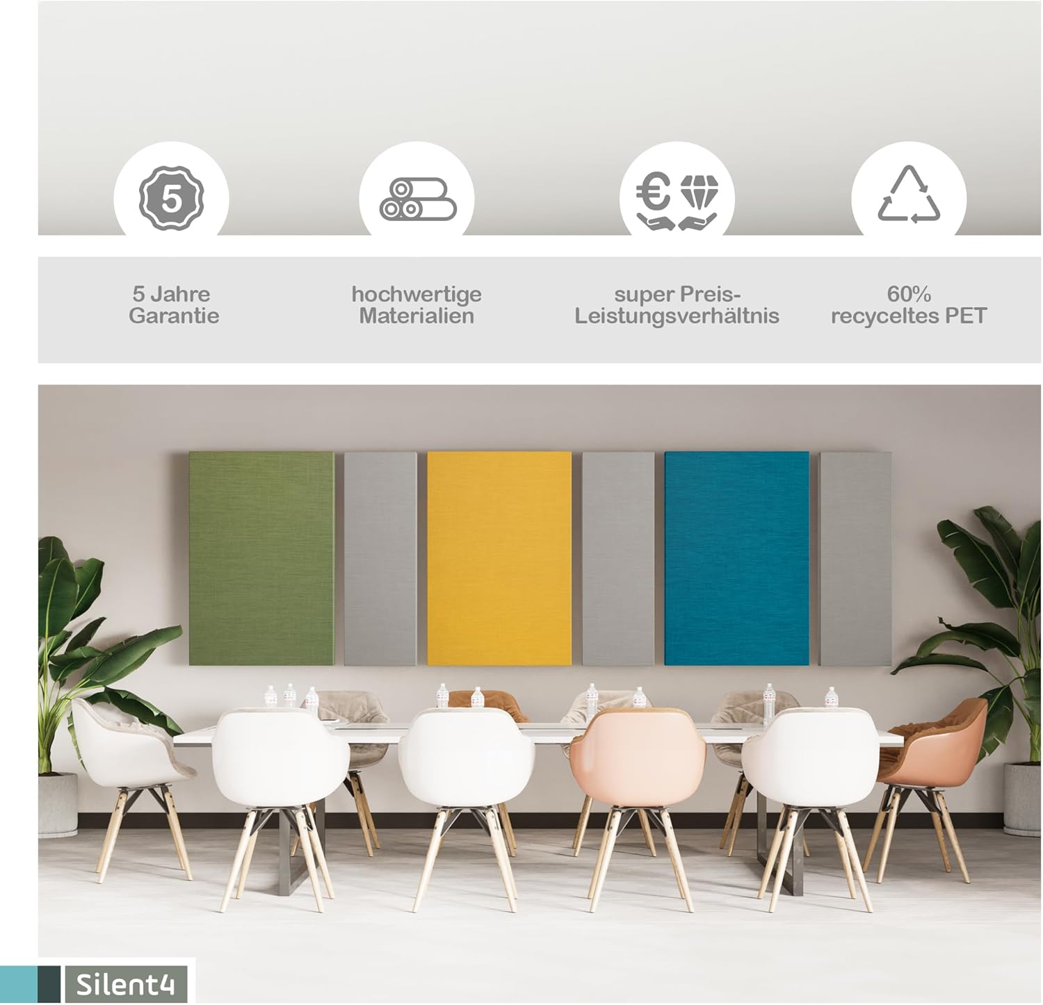 SILENT4® Schallabsorber Set Wand, PET-Akustikvlies mit Stoffbezug für Räume von ca. 20 m2