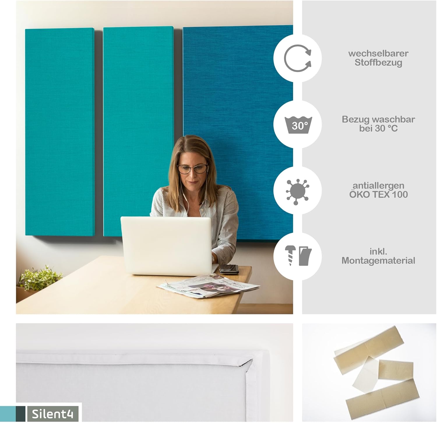 SILENT4® Schallabsorber Set Wand, PET-Akustikvlies mit Stoffbezug für Räume von ca. 20 m2
