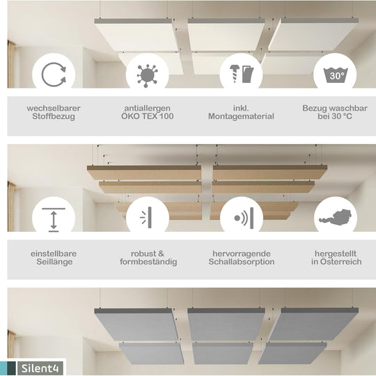 SILENT4® Assorbitore acustico in tessuto non tessuto acustico PET con rivestimento in tessuto, 114x72cm, soffitto