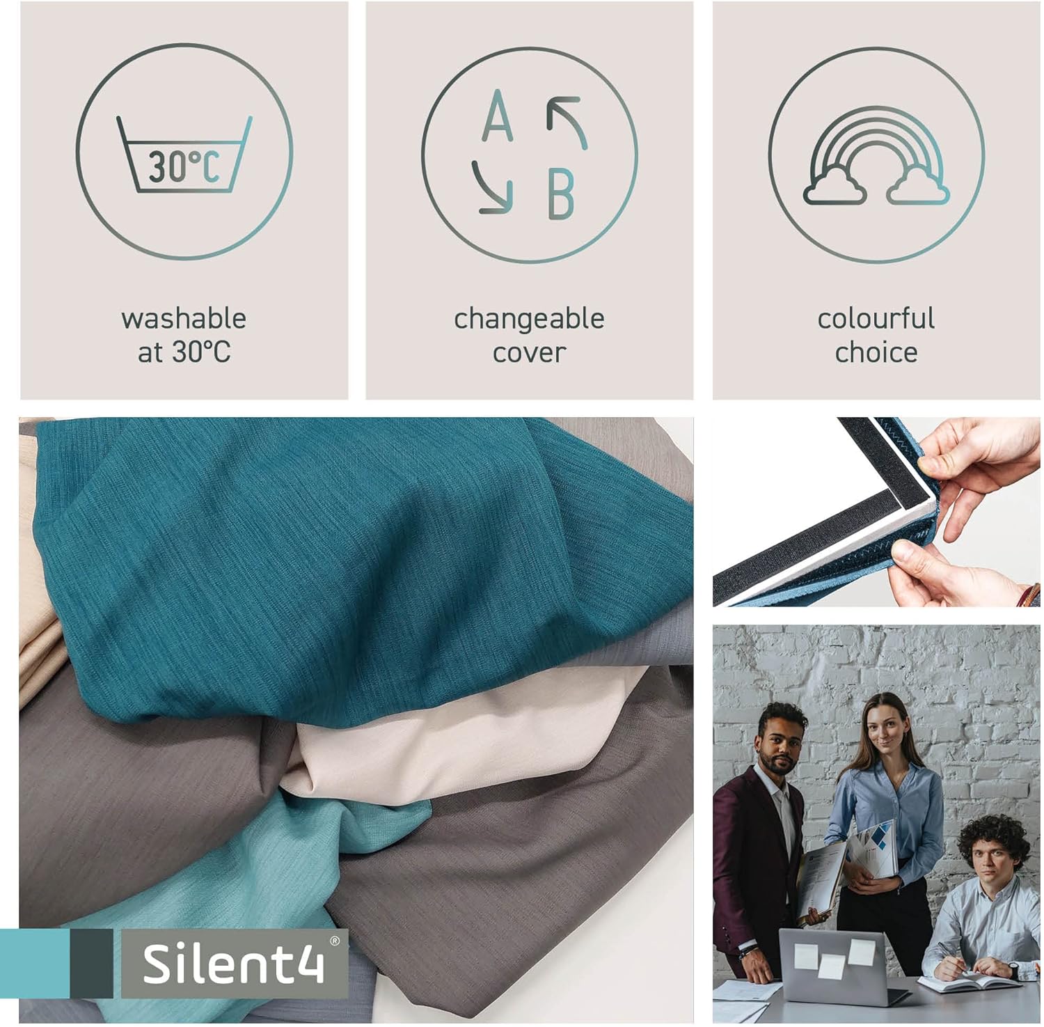SILENT4® 12 x 8 cm Échantillons de tissu de nos 13 couleurs pour panneaux 114 x 72 cm et 114 x 33 cm
