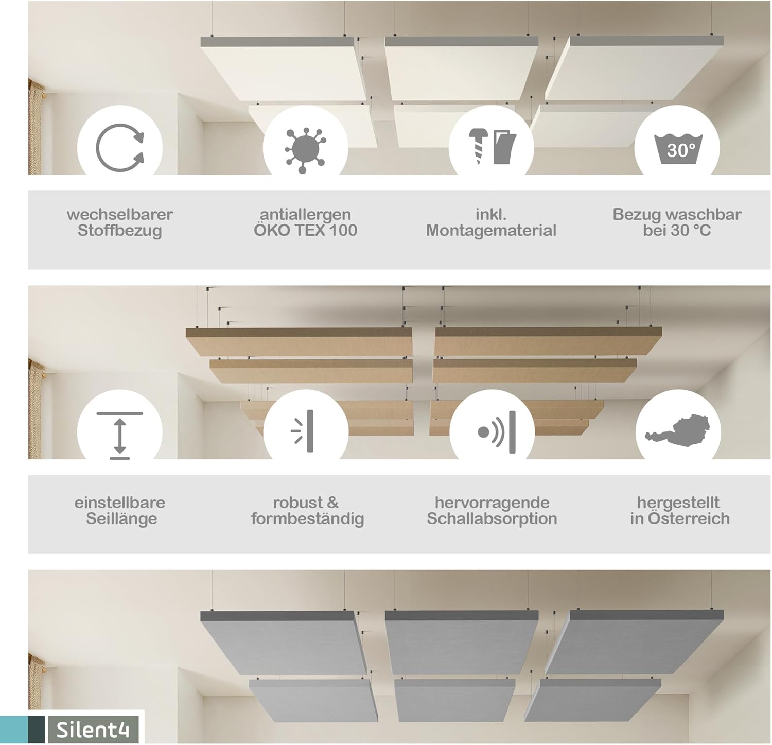 SILENT4® Schallabsorber aus PET-Akustikvlies mit Stoffbezug, 114x72cm, Decke