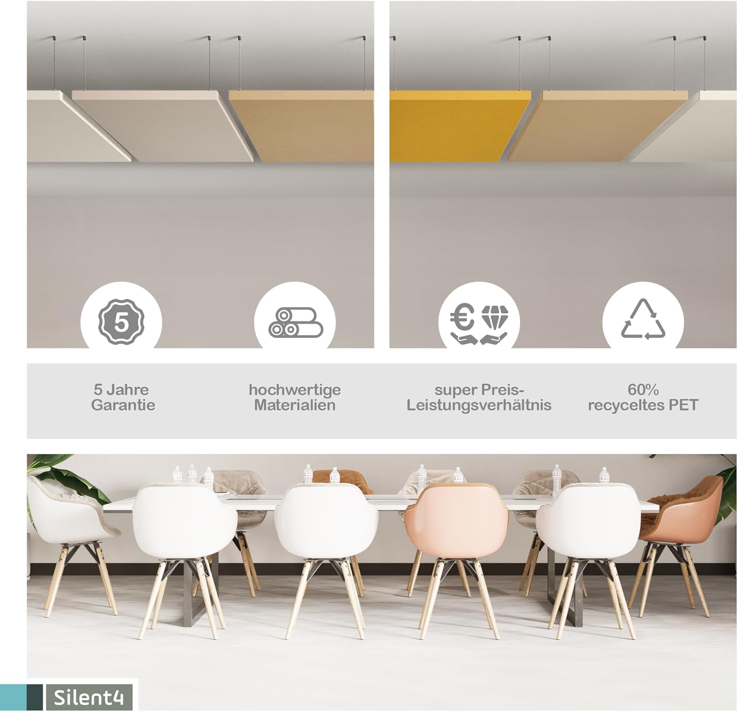 SILENT4® Schallabsorber aus PET-Akustikvlies mit Stoffbezug, 114x72cm, Decke